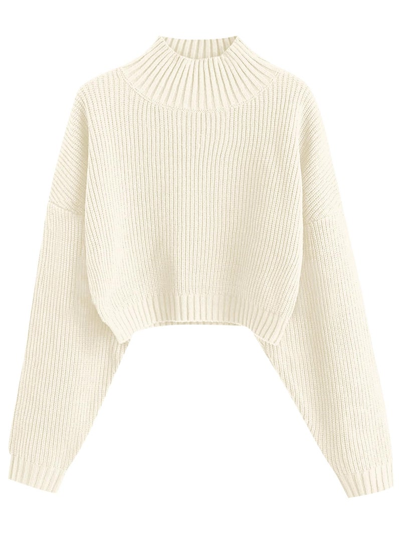 ZAFUL Women's Cropped Turtleneck Sweater Lantern Sleeve Ribbed Knit Pullover Sweater Jumper (0-White, S) - Image 1